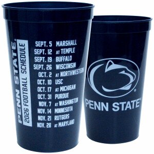 navy plastic cup with Penn State 2026 football schedule